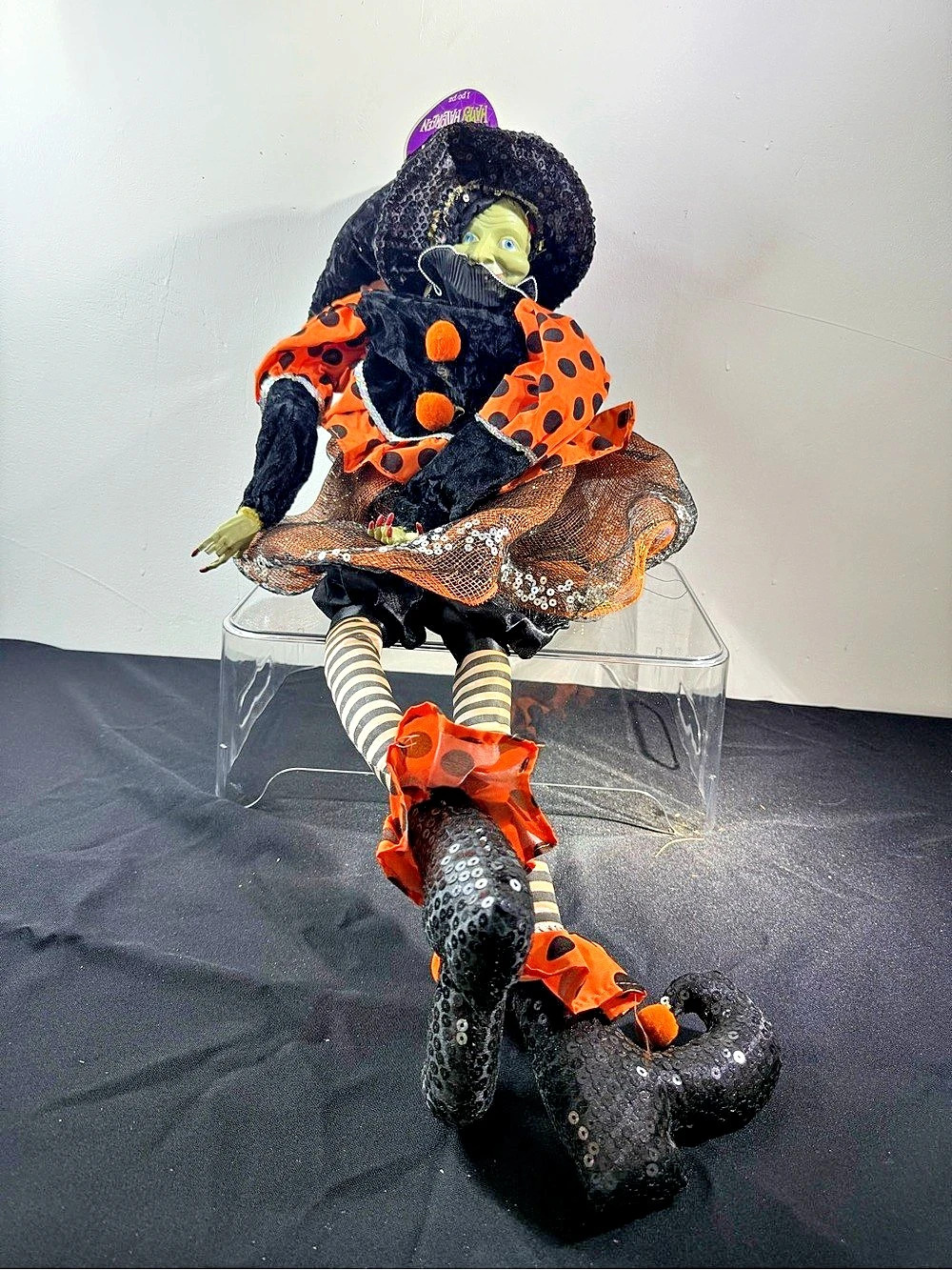 Happy Halloween Witch Doll 28” Orange Black Décor – Needs Minor Repair